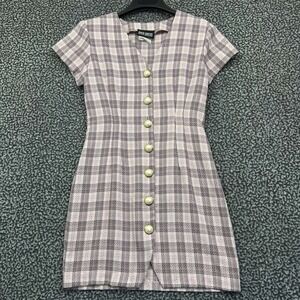 Vintage Byer Mini Dress Women 7 Pink Plaid Button Up Short Sleeve V-Neck